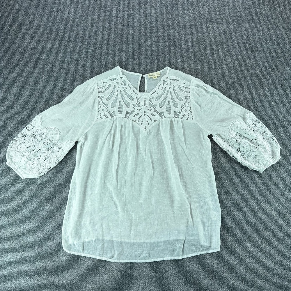 Indigo Rose White Crochet Lace Yoke Peasant Blouse 3/4 Sleeve XL Boho‎ Top